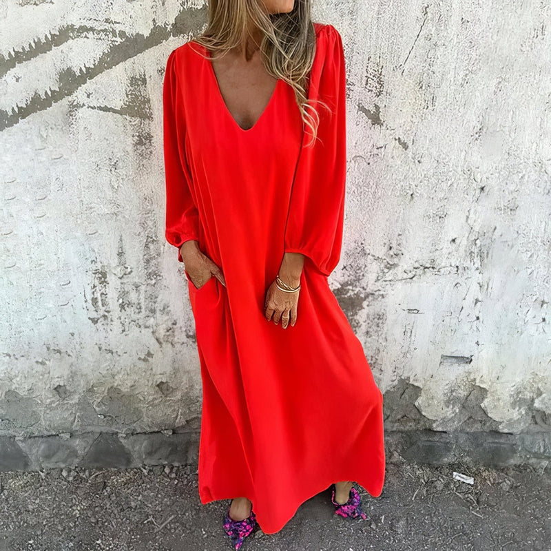 Loosia | Maxi Dress V Neck Long Sleeve Pockets