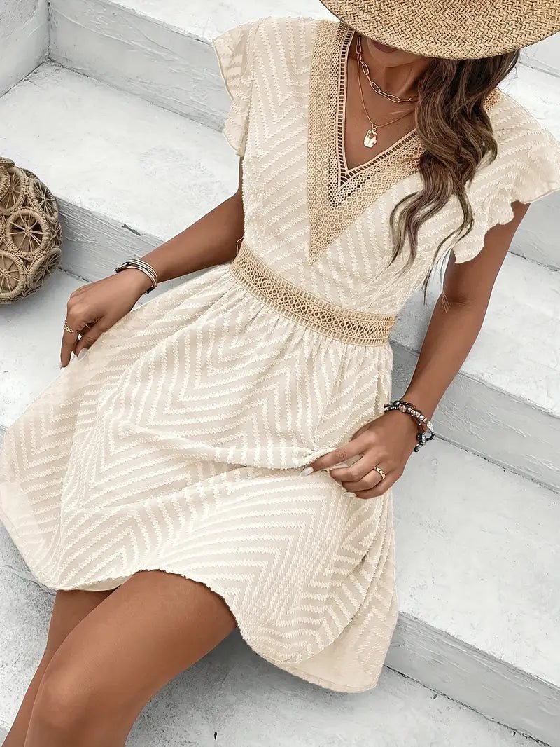 Lillian - V Neck Lace Trim Mini Dress