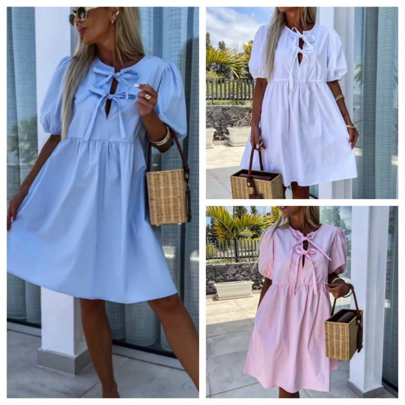 Oana | Bow Tie Puff Sleeve Smock Dress
