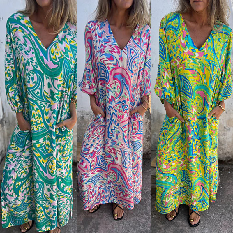 Lowri | Boho Print V-Neck Maxi Dress