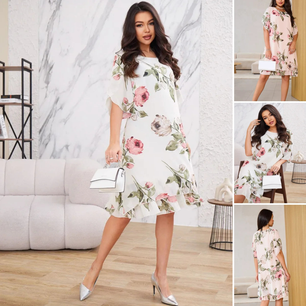 Merita | Floral Chiffon Short Sleeve Midi Dress