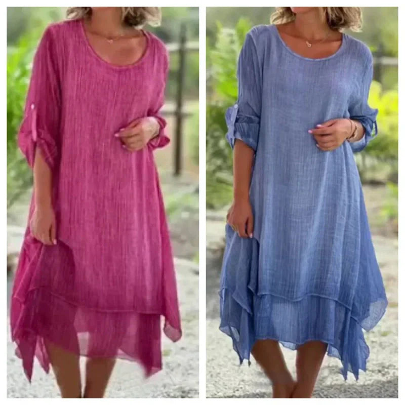 Mariela | Layered Hem Round Neck Midi Dress