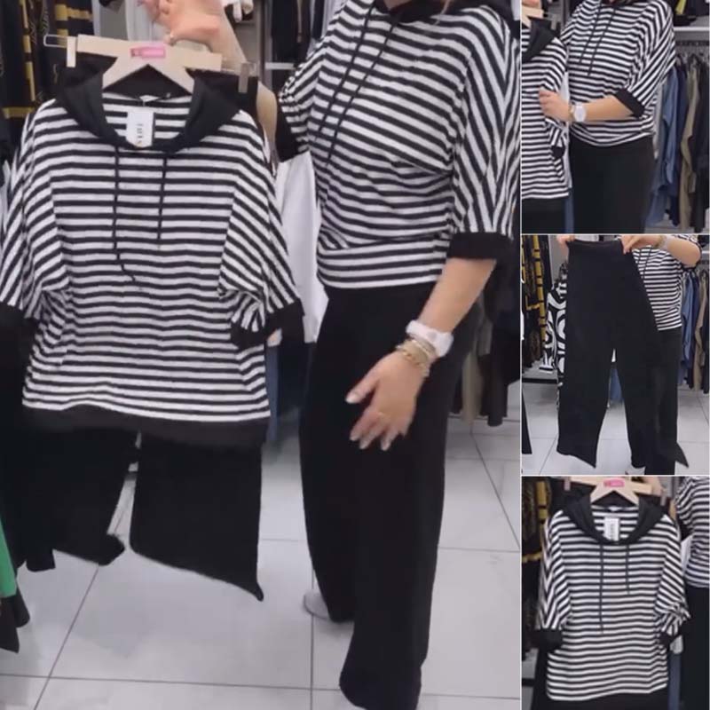 Dwiska | Striped Short Sleeve Hooded Top