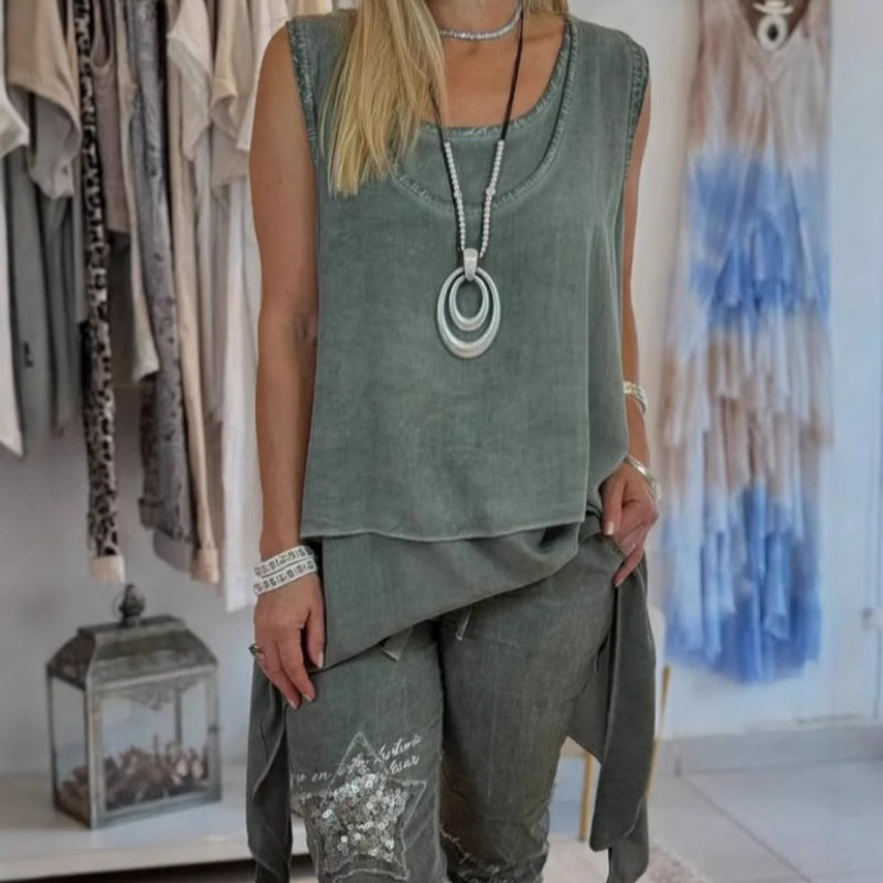 Sousana - Sleeveless Asymmetrical Top and Floral Print Pants Set