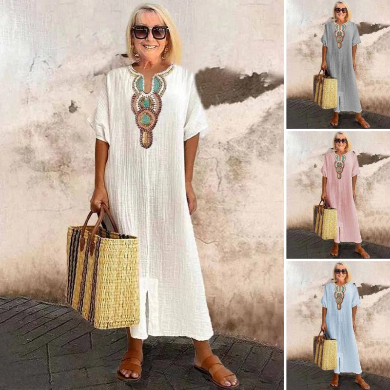Lioba | Embroidered V-Neck Midi Smock Dress