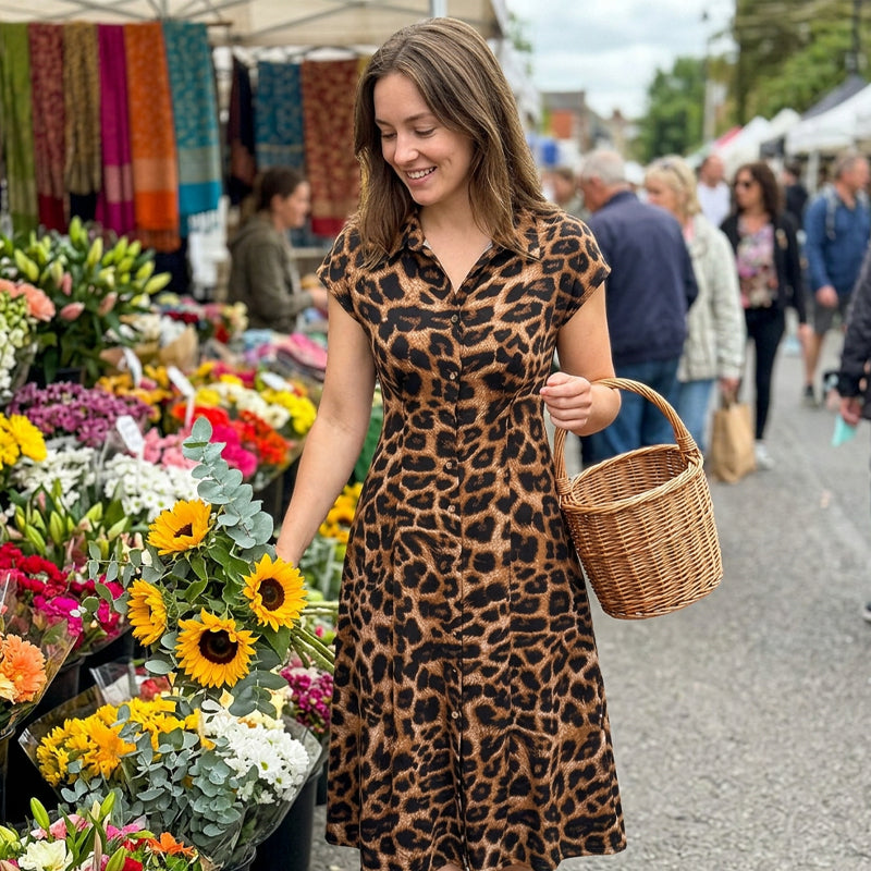 Ameerah | Dress Leopard Print Button Front Cap Sleeve