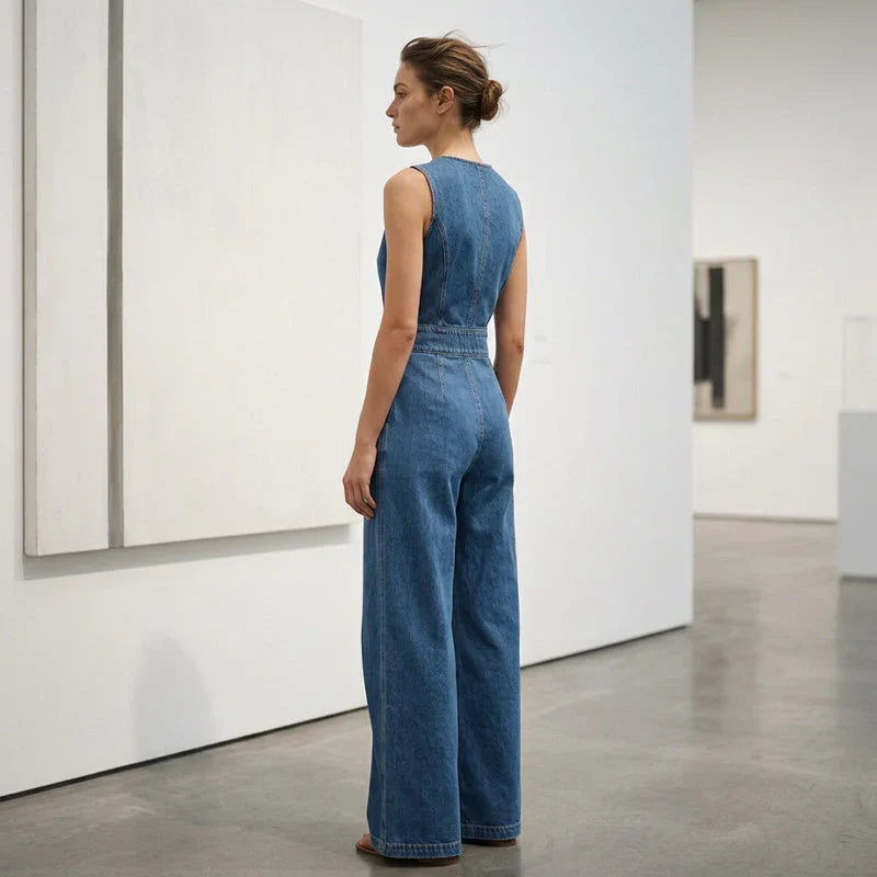 Laurien | Wide Leg Sleeveless Blue Denim-Style Jumpsuit