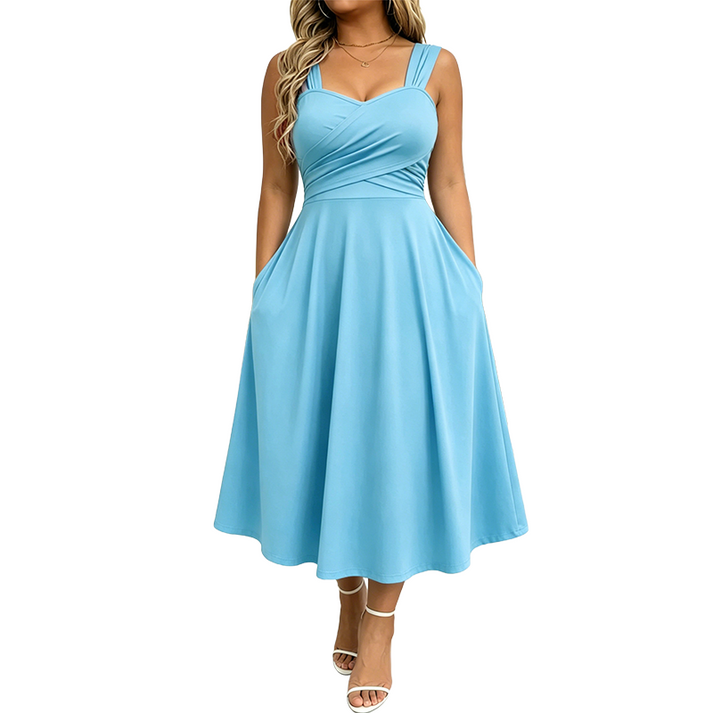 Katjaa | Sleeveless Sweetheart Neck Midi Dress Pockets