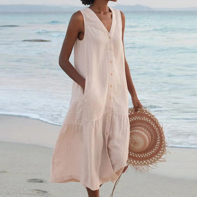 Maira | Sleeveless V Neck Button Midi Dress
