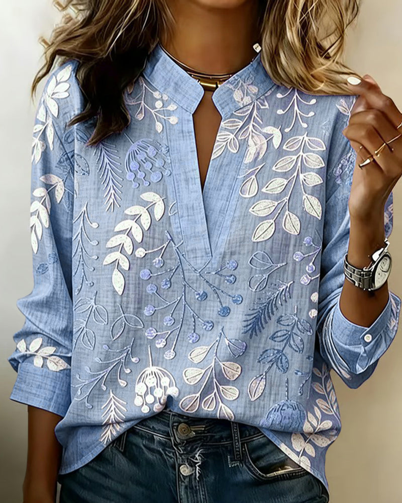Adanna | Floral Print Split Neck Long Sleeve Blouse