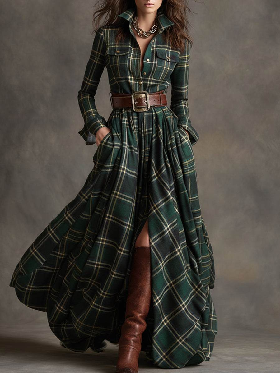 Hadasa | Checked Collared Button Front Maxi Dress