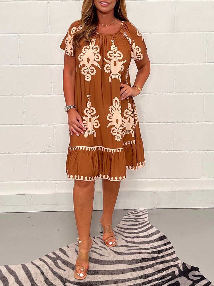 Gulfiya - Embroidered Print Round Neck Midi Dress