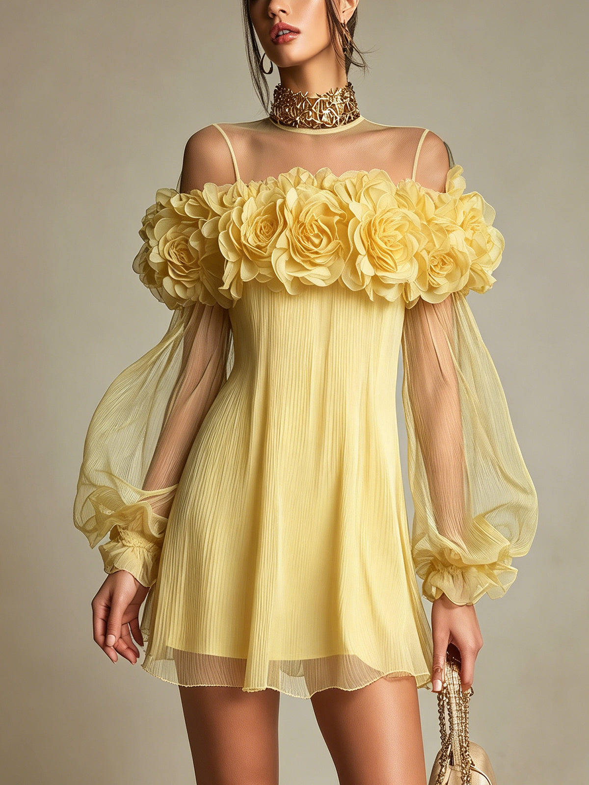 Liziana | Yellow Pleated Floral Mini Dress