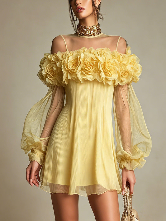 Liziana | Yellow Pleated Floral Mini Dress