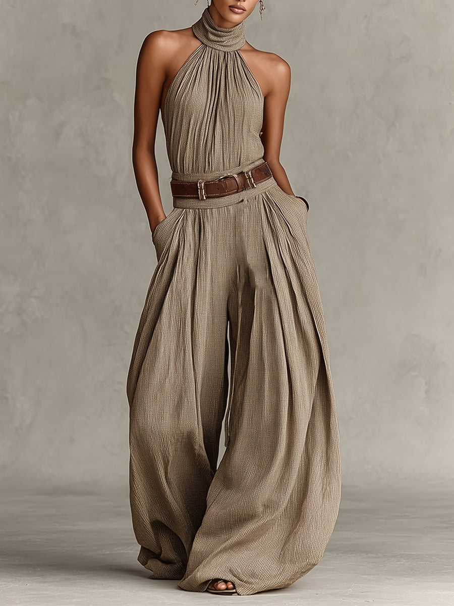 Jerina | Halter Neck Wide-Leg Pleated Jumpsuit
