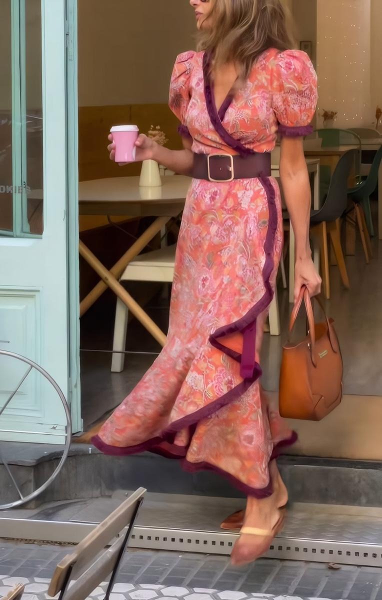 Eliett - Floral Wrap Maxi Dress Puff Sleeves
