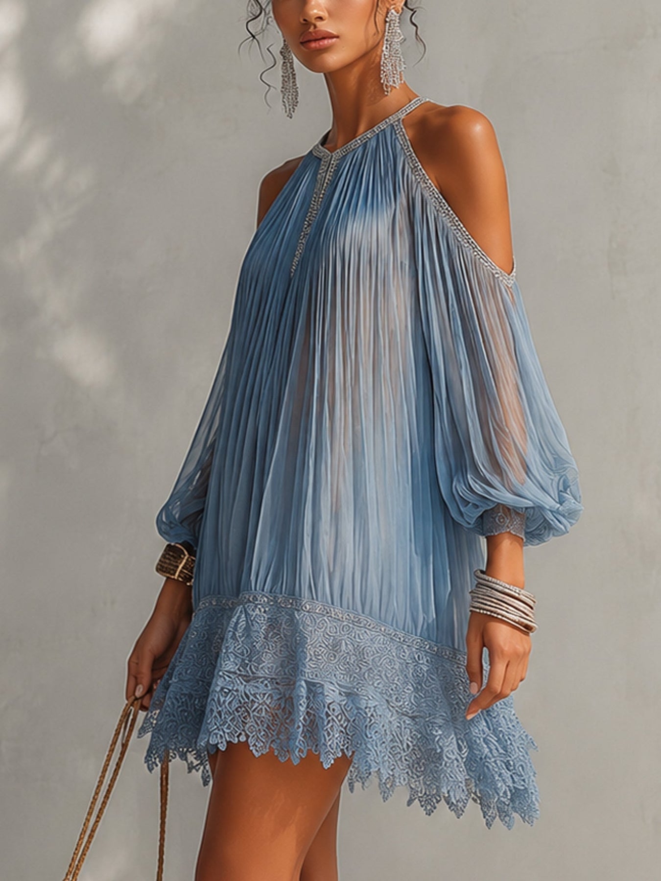 Viyana | Mini Dress Pleated Cold Shoulder Lace Hem