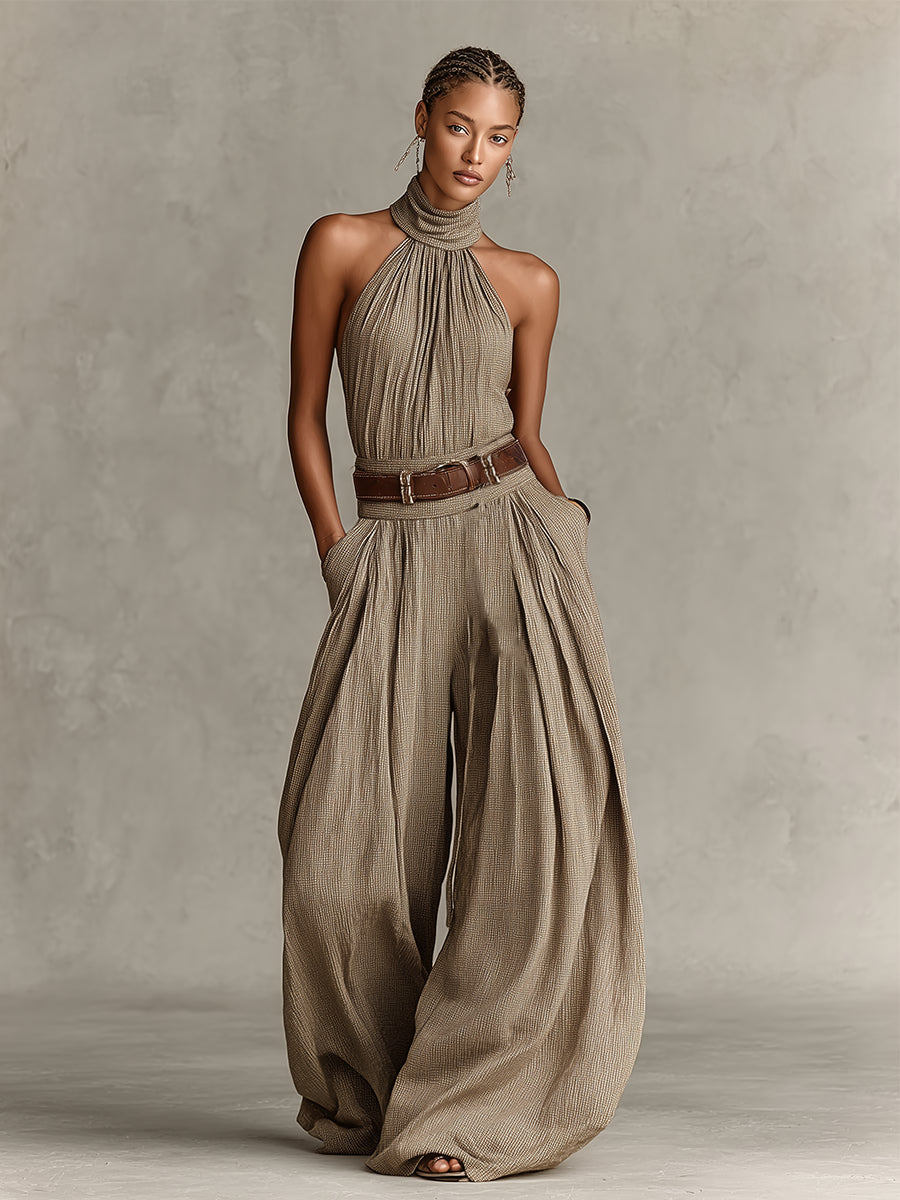 Jerina | Halter Neck Wide-Leg Pleated Jumpsuit