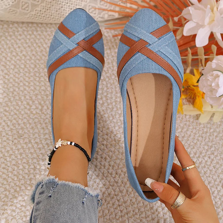 Shakina | Denim-Style Cross Strap Ballet Flats