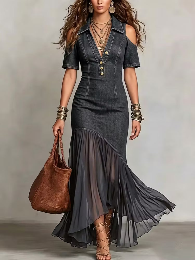 Presley | Denim Style Cold Shoulder Maxi Dress
