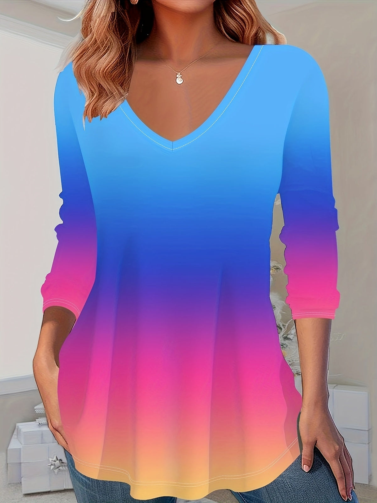 Geneieys | Long Sleeve V-Neck Gradient T-Shirt