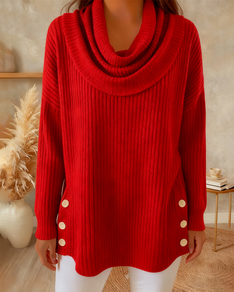 Eileen | Cowl Neck Ribbed Sweater with Buttons