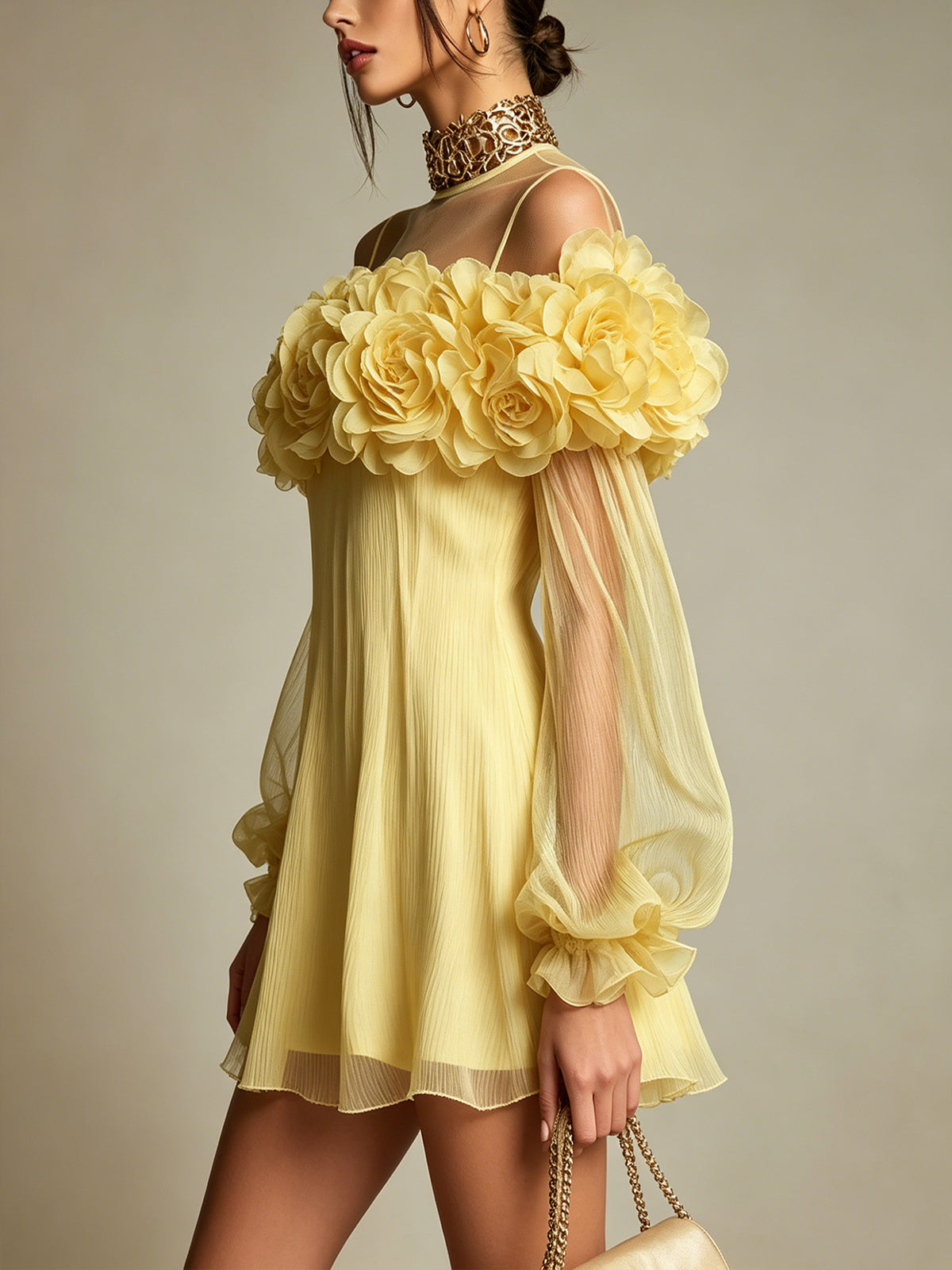 Liziana | Yellow Pleated Floral Mini Dress