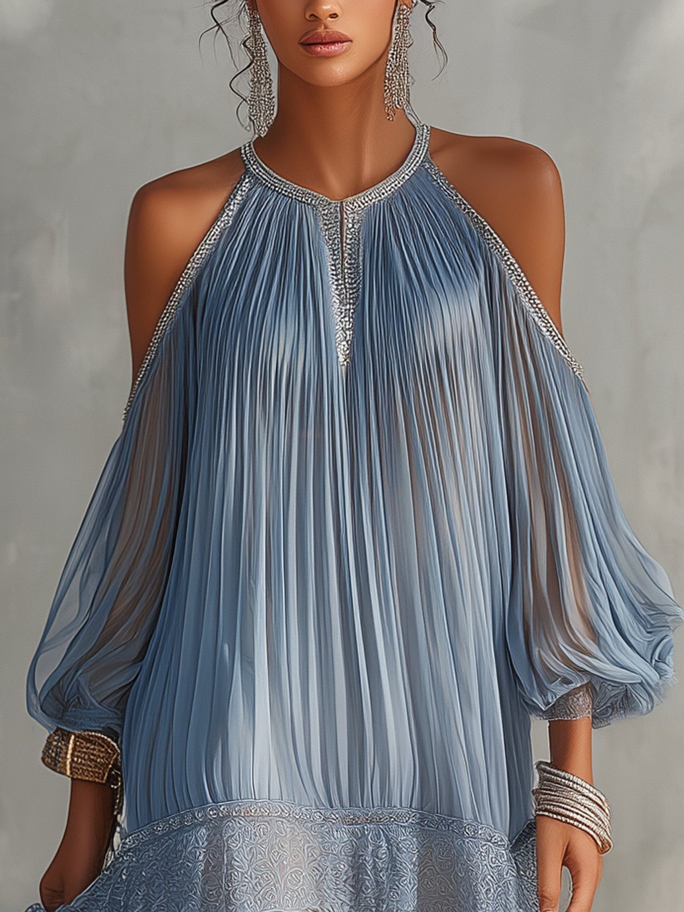 Viyana | Mini Dress Pleated Cold Shoulder Lace Hem