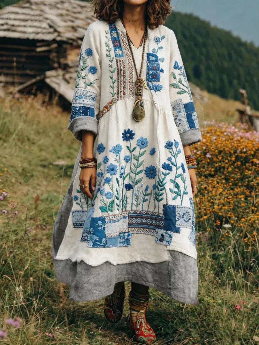 Eresha | Embroidered Boho Patchwork Midi Dress