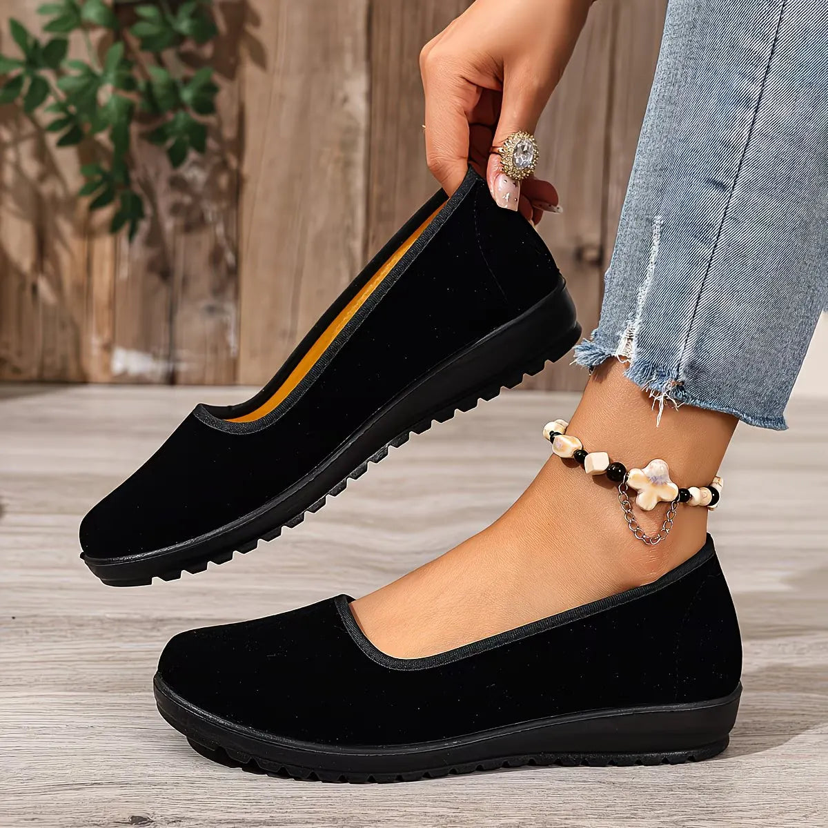 Sumaiya | Slip-On Black Low Wedge Shoes