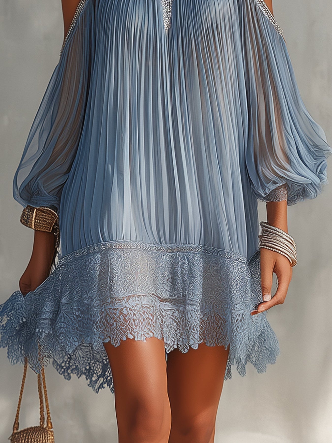 Viyana | Mini Dress Pleated Cold Shoulder Lace Hem