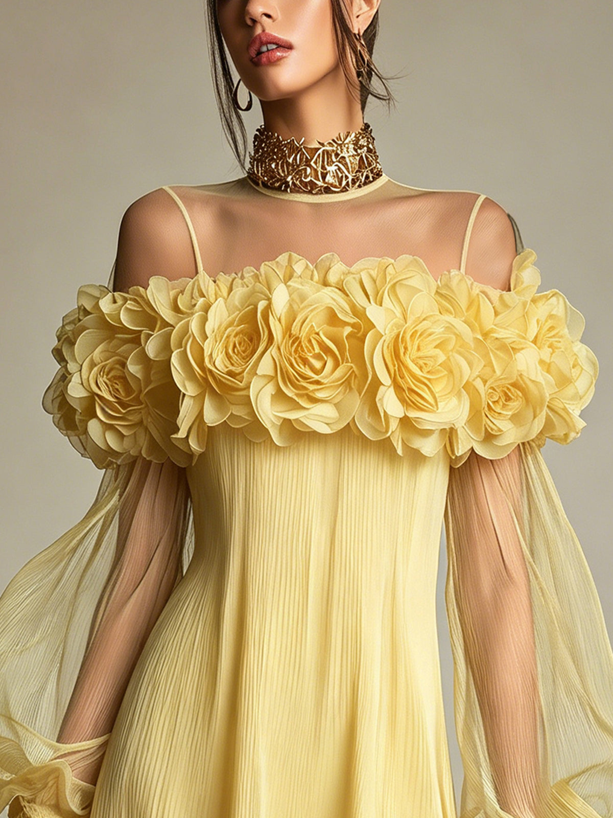 Liziana | Yellow Pleated Floral Mini Dress