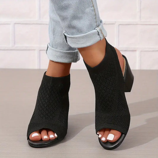 Velina | Black Knitted Peep Toe Block Heel Sandals