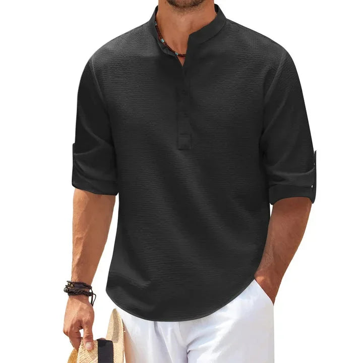Tjeerd | Textured Grandad Collar Roll Sleeve Shirt