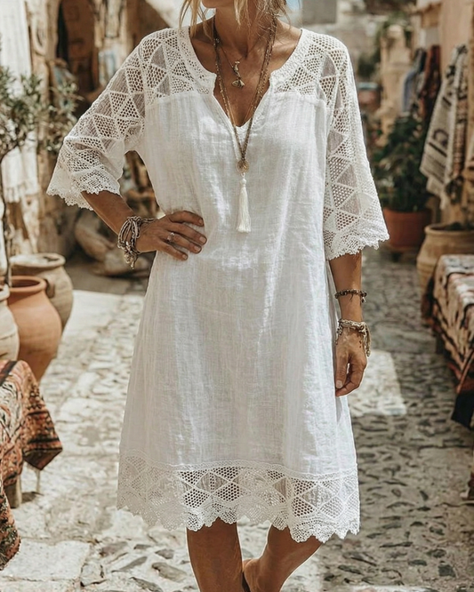Kilina | V Neck Lace Trim Midi Dress