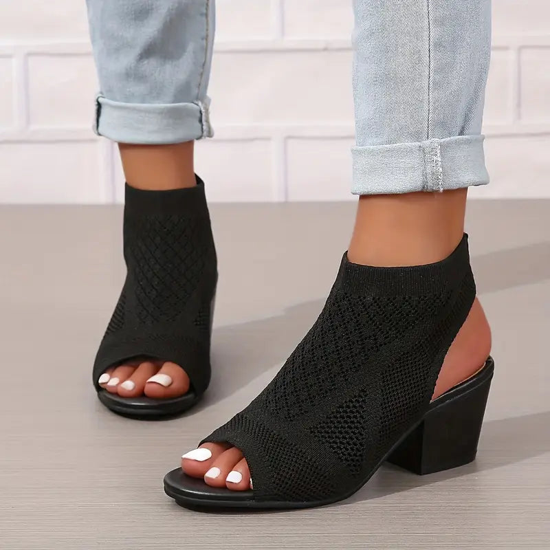 Velina | Black Knitted Peep Toe Block Heel Sandals