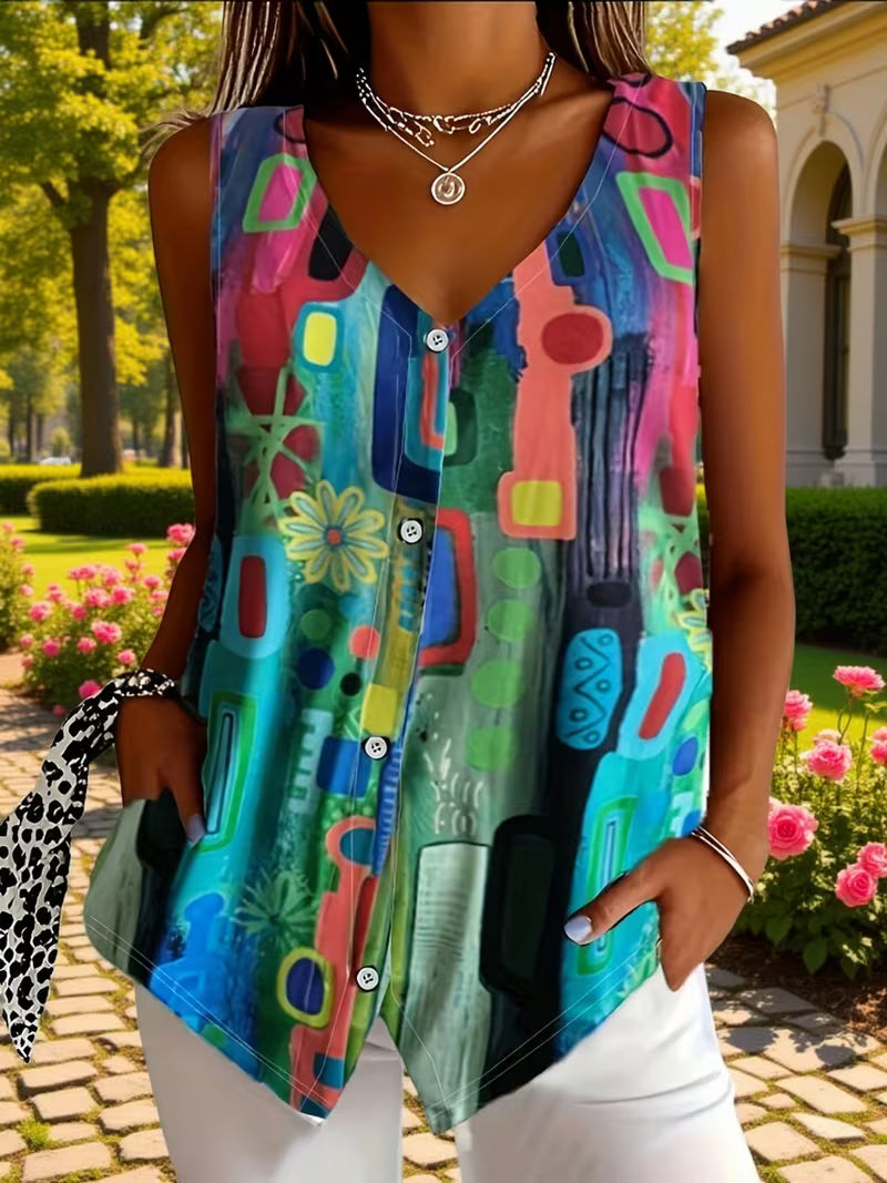 Corinaa | Sleeveless V Neck Printed Button Top