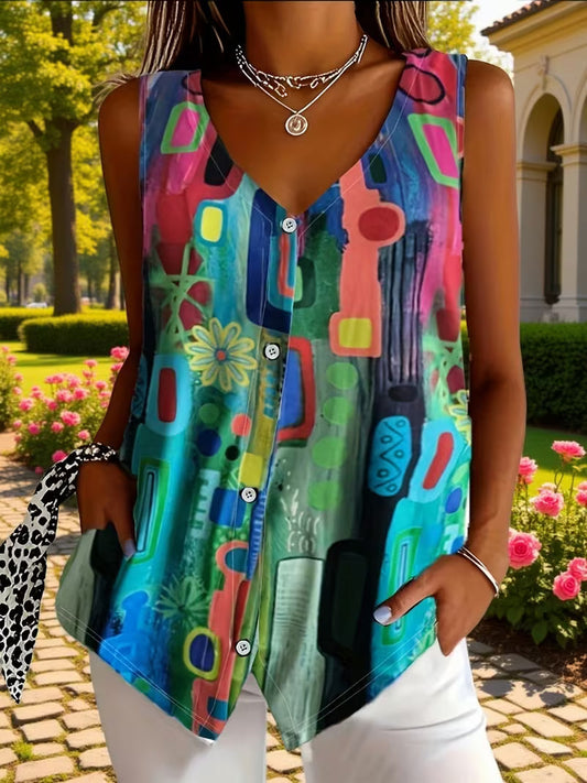 Corinaa | Sleeveless V Neck Printed Button Top