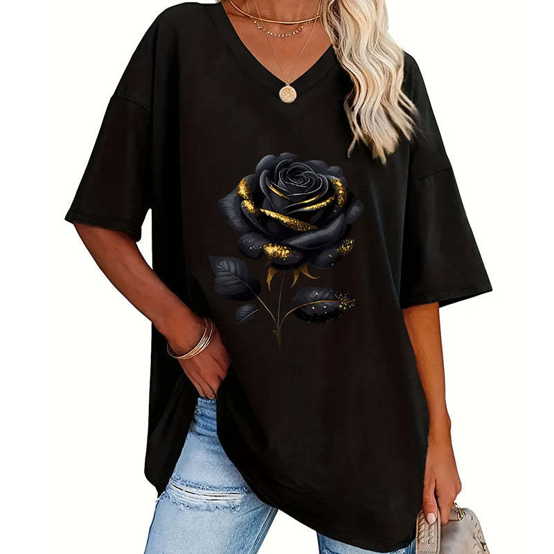 Aijia | V-Neck Rose Print Relaxed T-Shirt