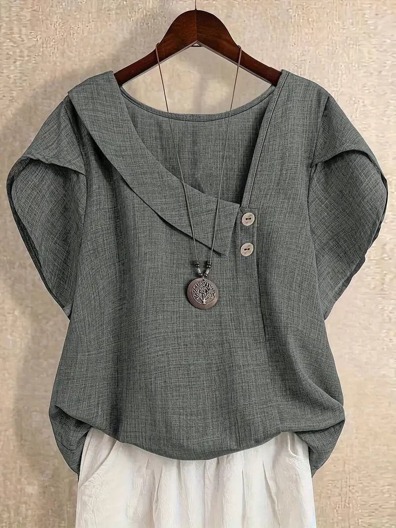 Milany | Linen Asymmetric Button Short Sleeve Blouse