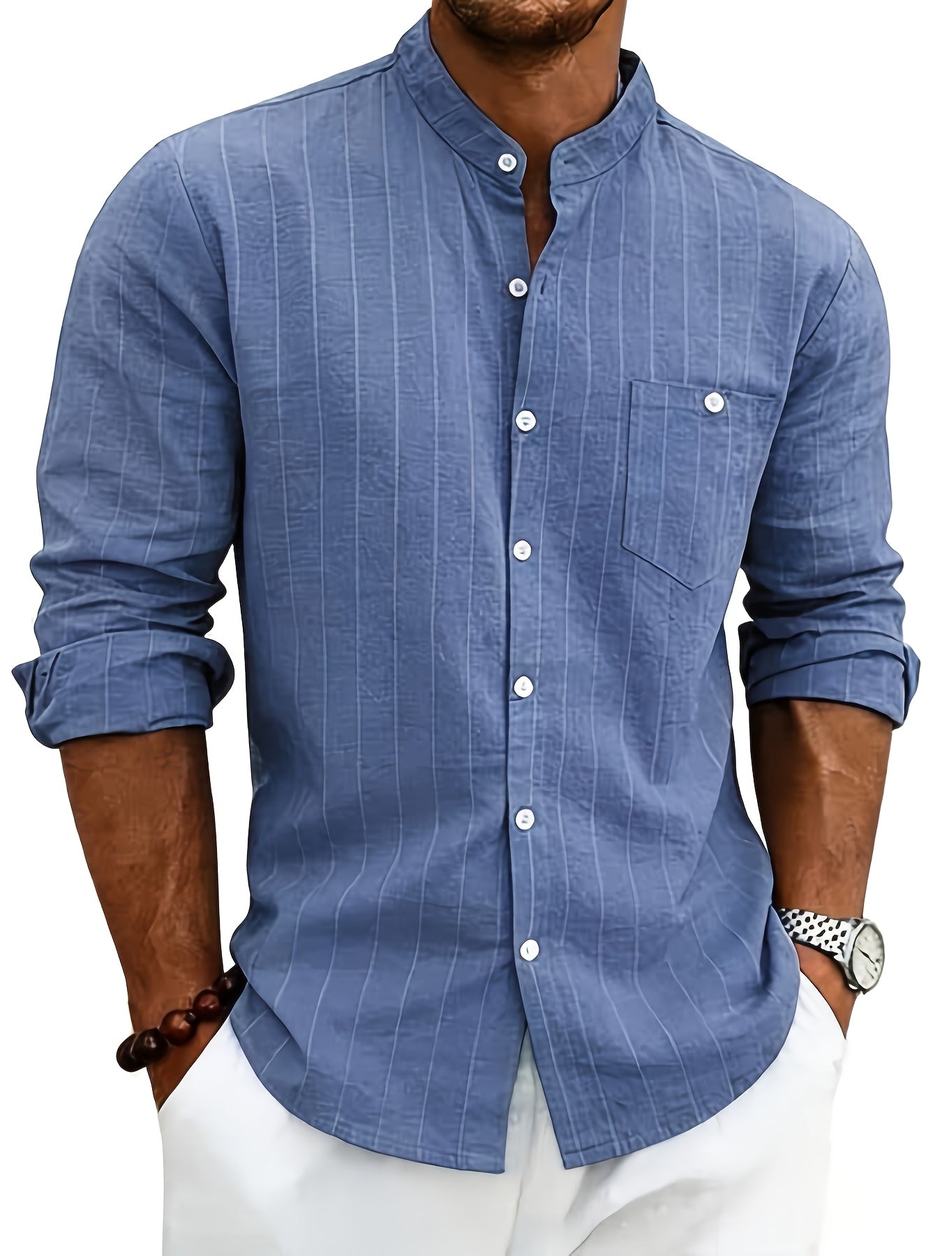 Leslie | Striped Band Collar Button Shirt
