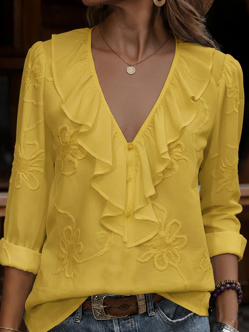 Celestine | Blouse Ruffle V Neck Floral Embroidery