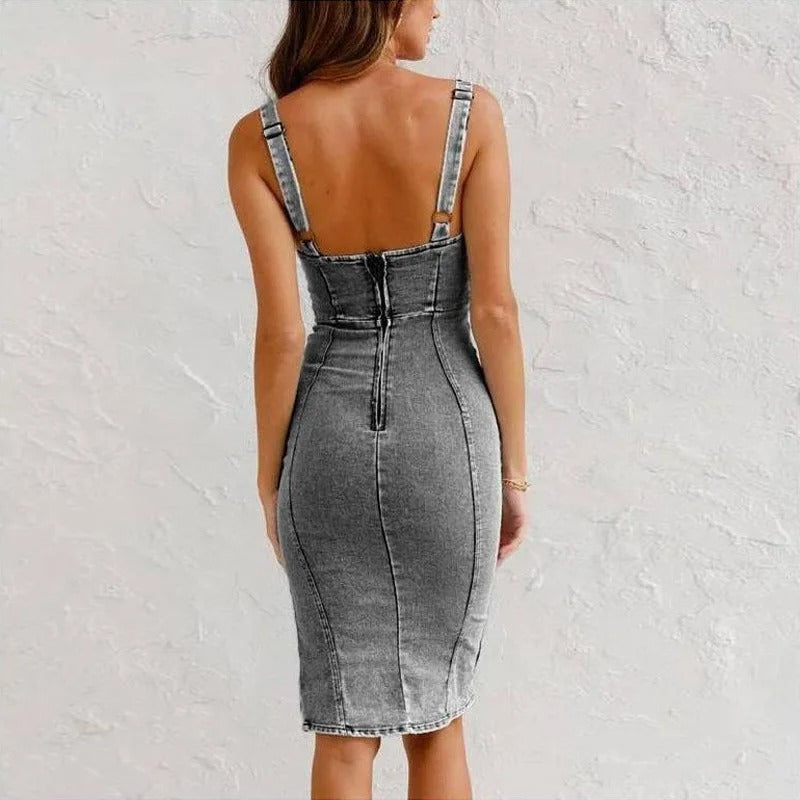 Janae | Denim Style Sleeveless Zip Midi Dress