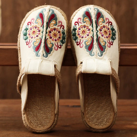 Katy | Floral Embroidered Cotton Mule Sandals