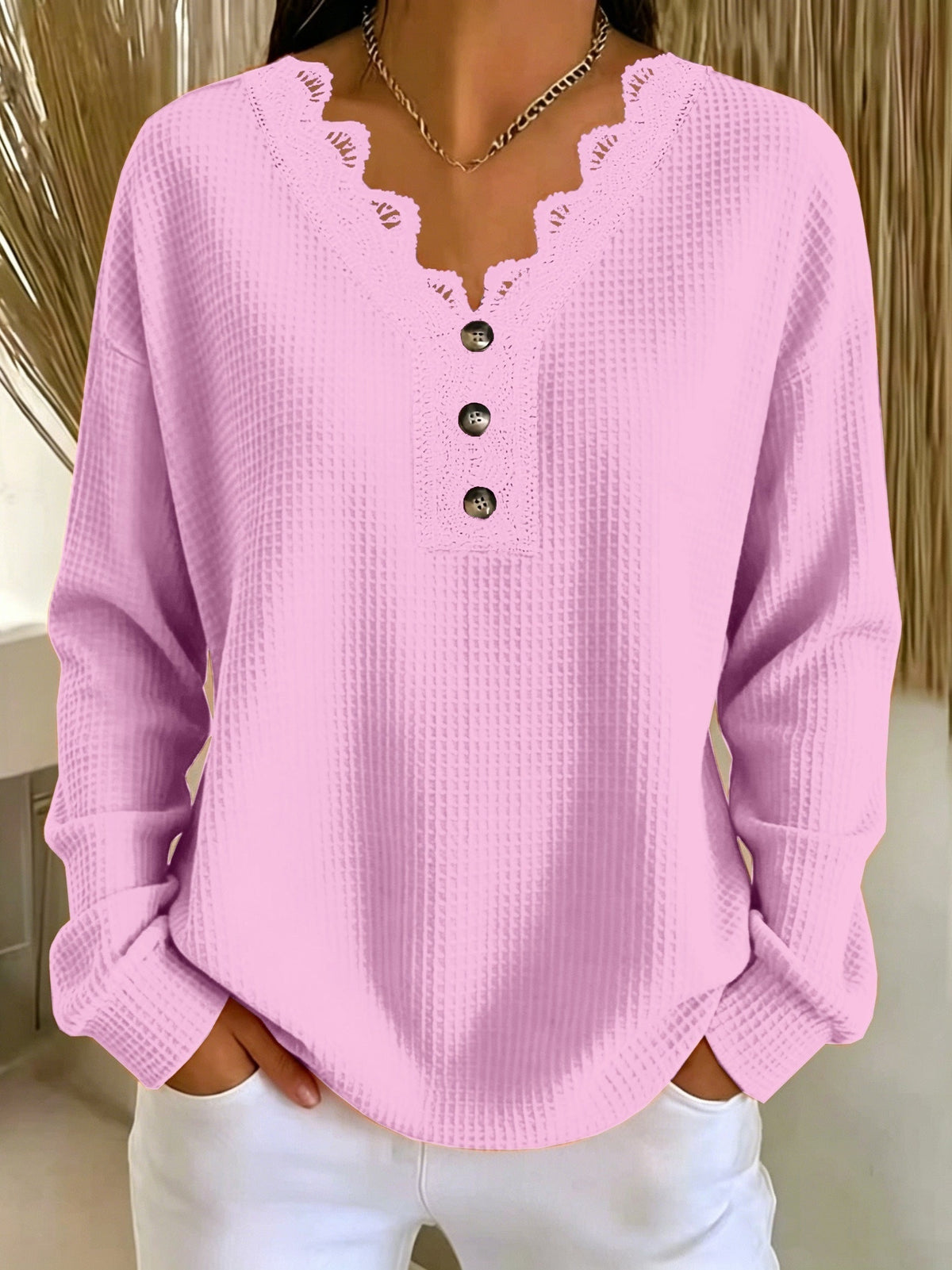 Brigeaia | Long Sleeve Lace Top with Button Front