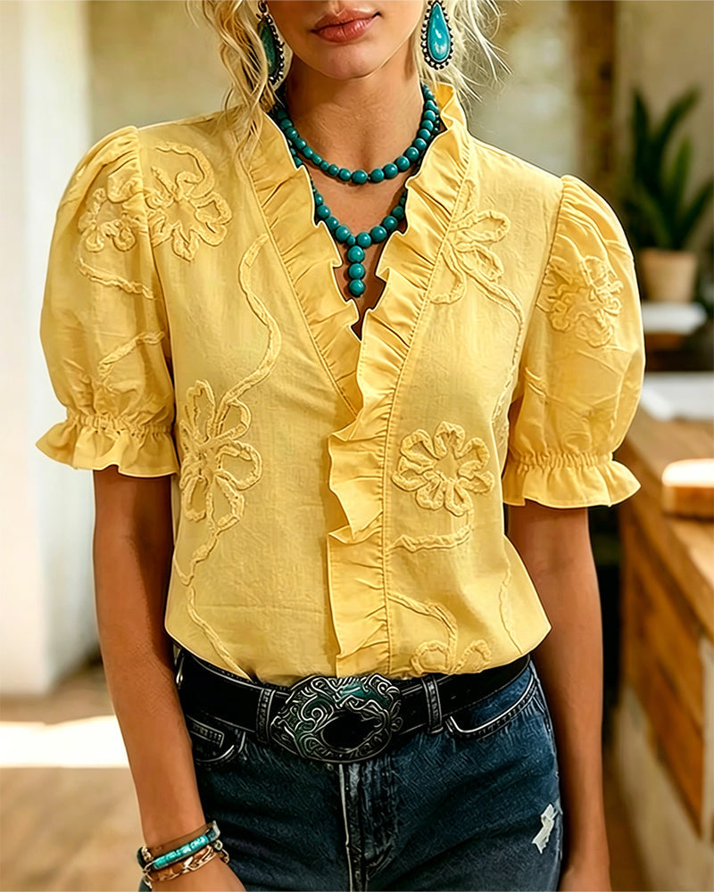 Lillynn | V Neck Floral Textured Puff Sleeve Blouse