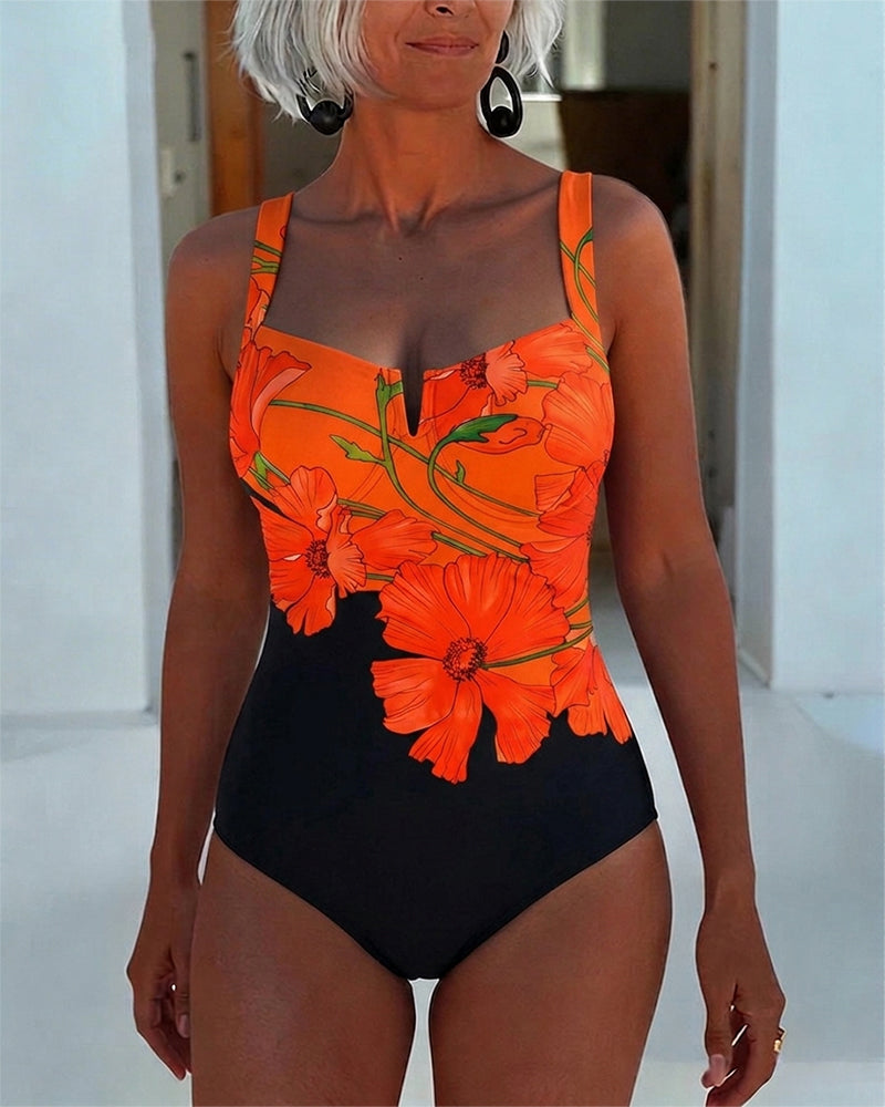 Laury | Floral Print Square Neck Swimsuit