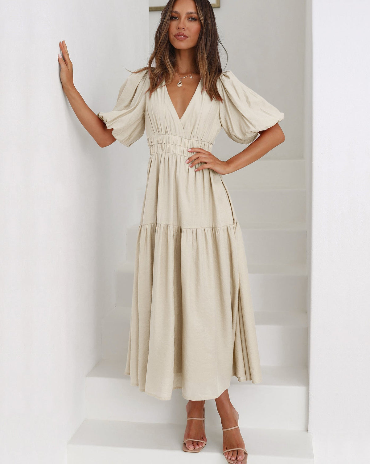 Delphine | Midi Dress With V Neck Puff Sleeves
