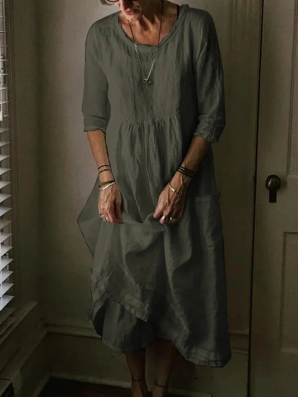 Tasoula | Round Neck Midi Linen-Style Dress