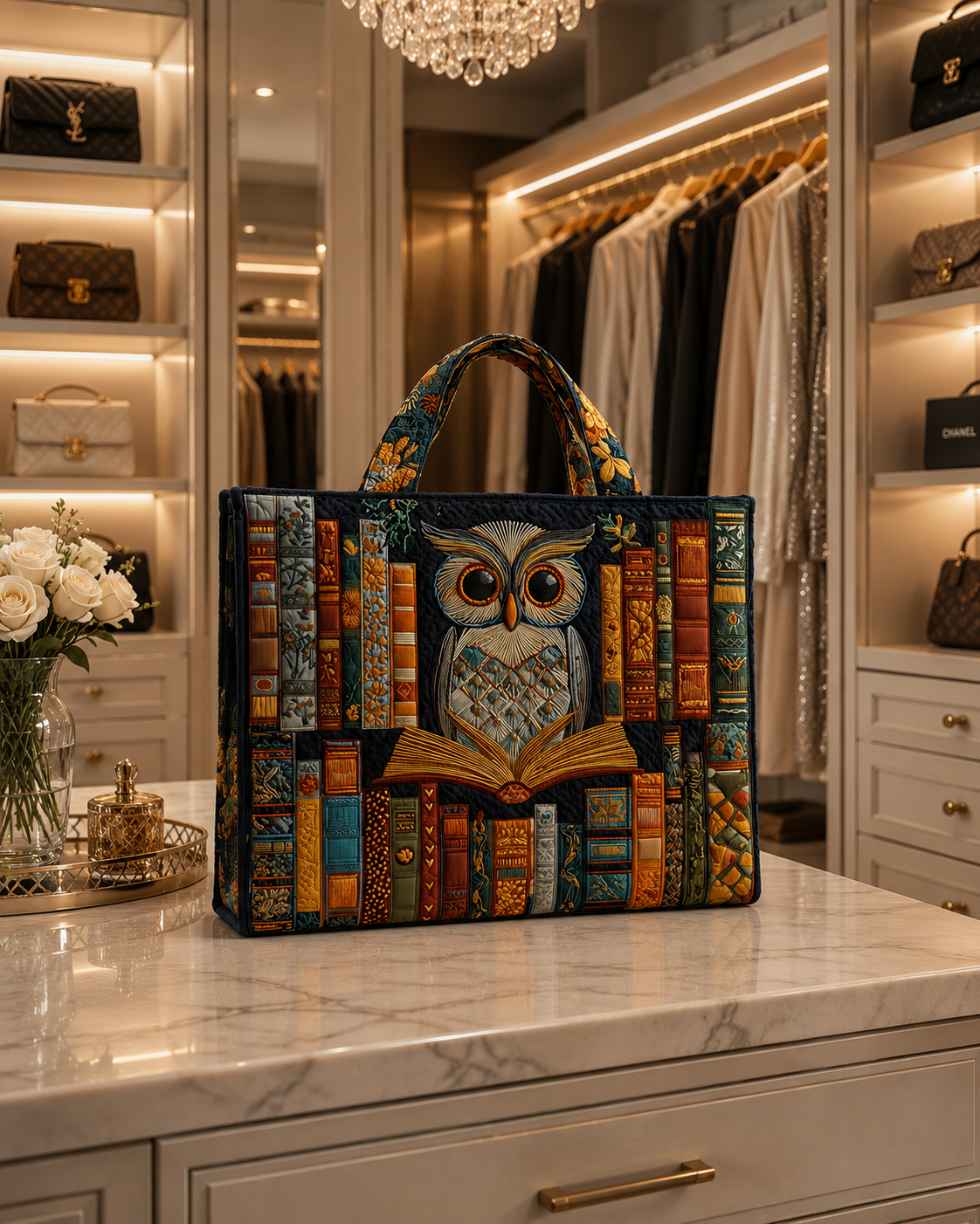 Tyliana | Quilted Owl Print Book Tote Bag